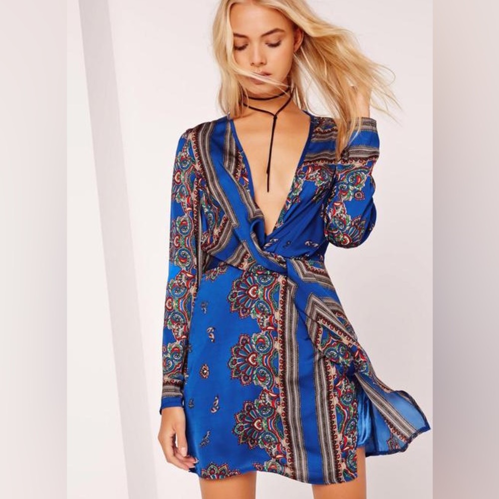 Missguided NWT silky paisley long sleeve mini wrap twist front blue mini dress 4